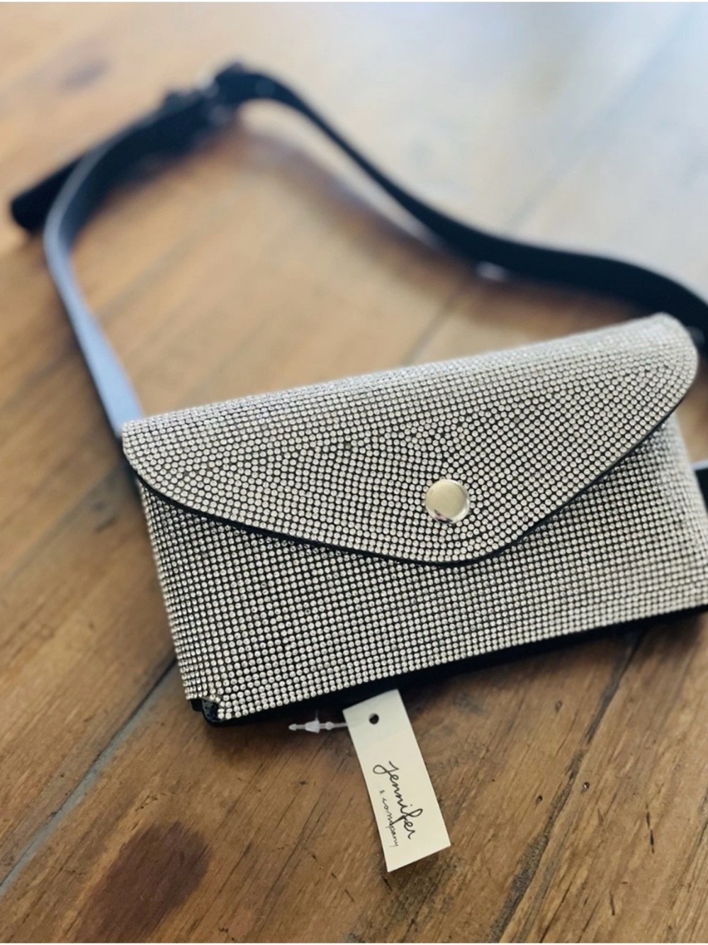 Jennifer & Co Crystal-Embellished Envelope Crossbody or waist Bag - Black Strap